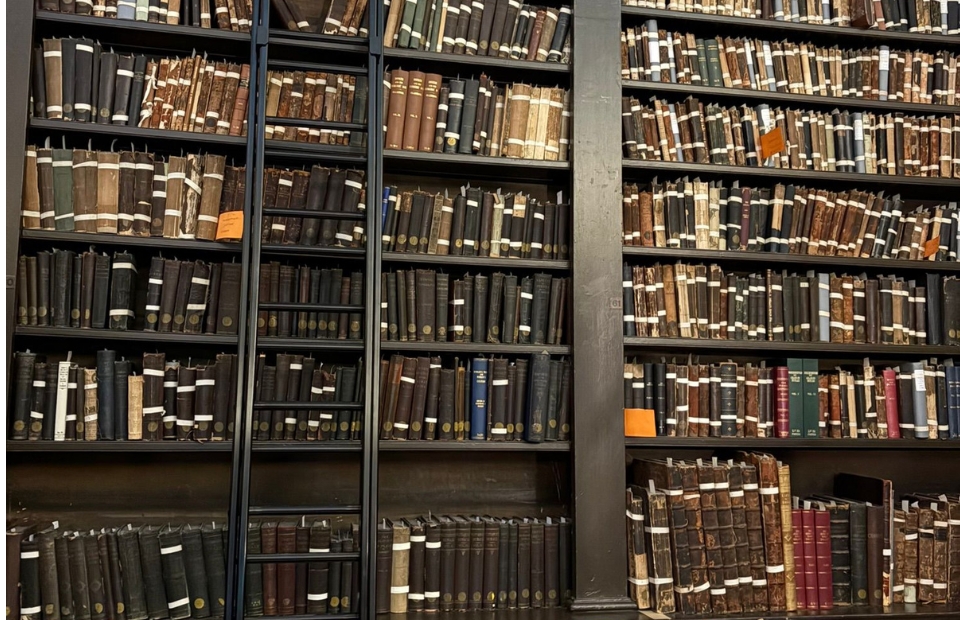 A tall ladder stands in front of towering, dark wooden bookshelves filled with numerous old books. The books are of various sizes and colours, with many featuring light-coloured spines and bindings.